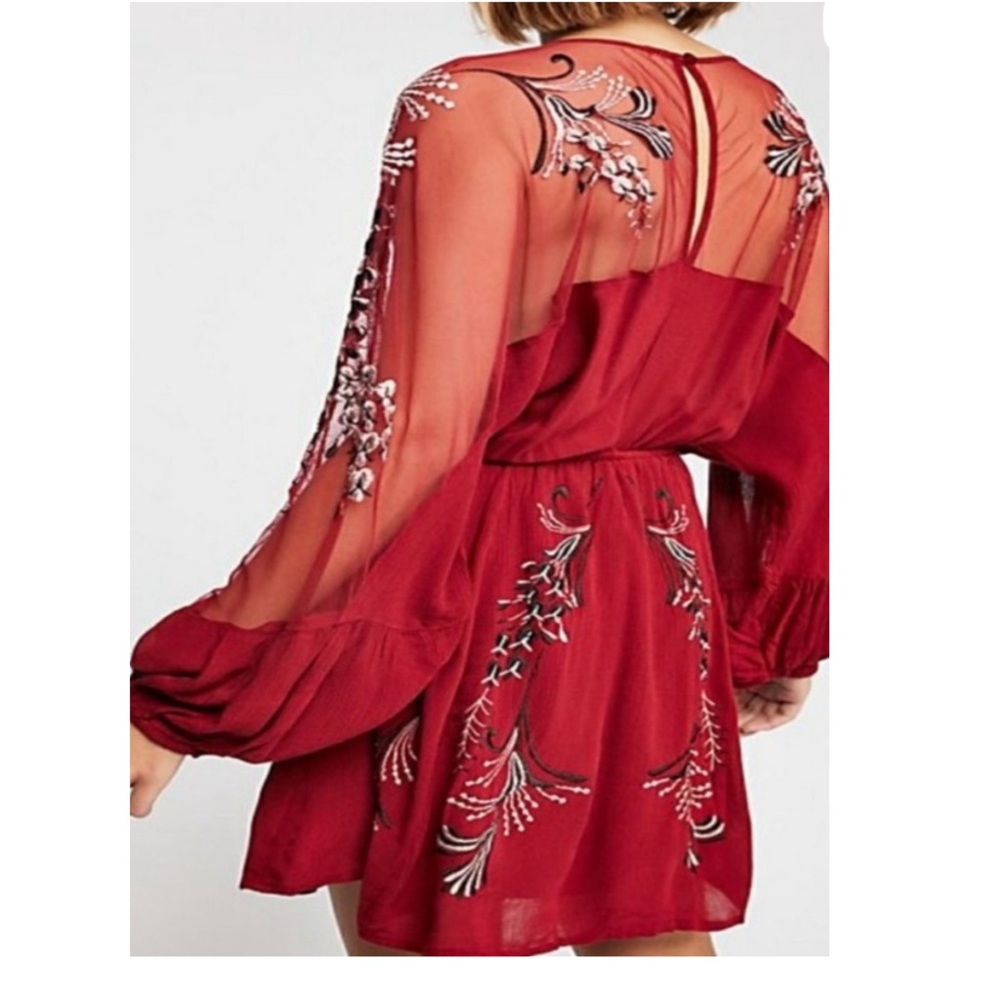 Free People Bonjour Floral Embroidered Long Sleeve Mini Dress Size Small Red - Picture 2 of 13